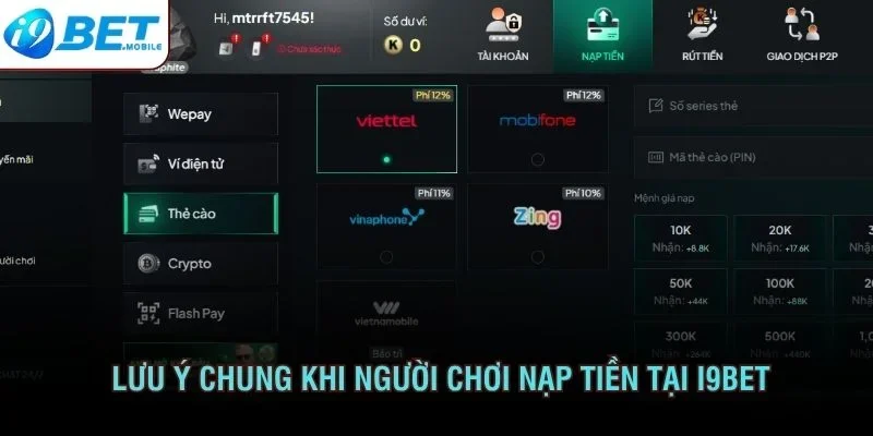 Lưu ý chung khi người chơi nạp tiền tại I9BET