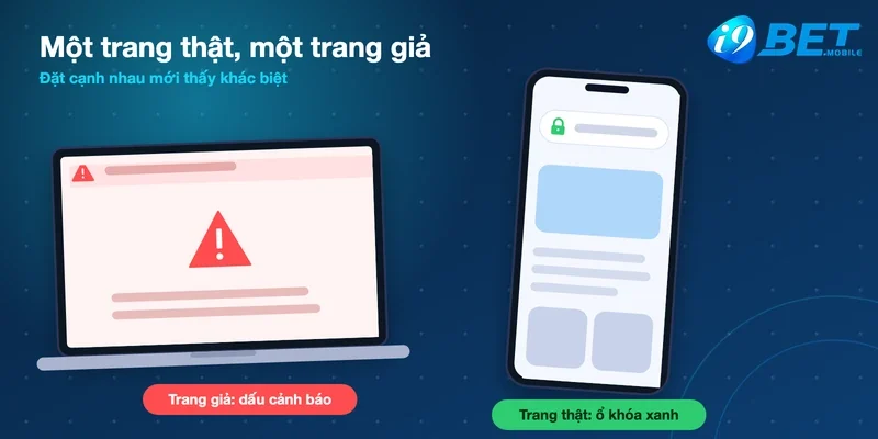Trang giả có dấu cảnh báo đặt cạnh trang I9bet thật có ổ khóa xanh trên điện thoại